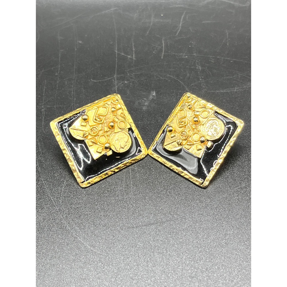 Rosecraft Gold Tone Square‎ Black Enamel Coin Motif Stud Earrings Women Jewelry